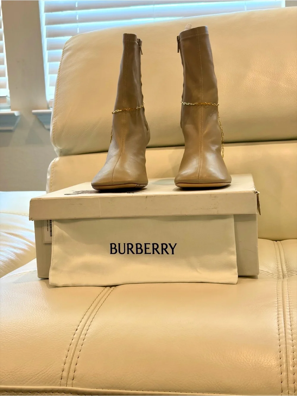 Burberry Square Toe Ankle Boots with Gold Chain